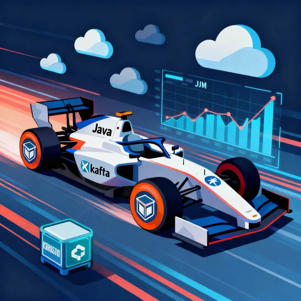 A Formula 1 car liveried with Java and Kafka logos beside a rising memory chart